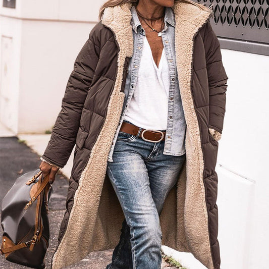 Women’s solid color hooded long coat with fleece lining and pockets, stylish winter cardigan jacket