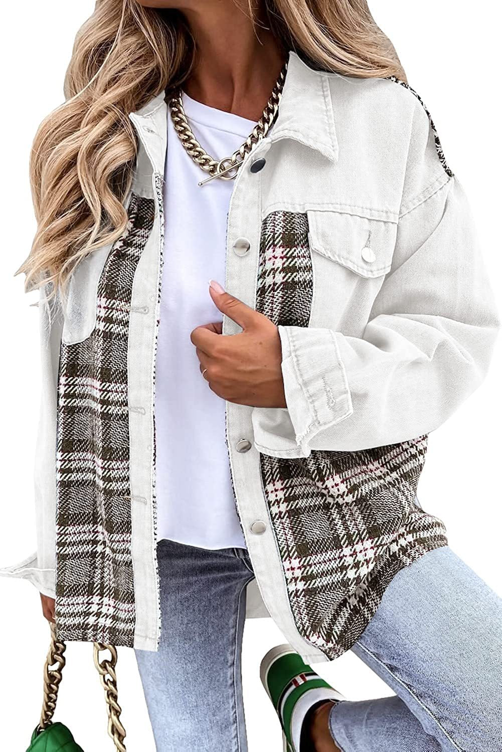 Women's denim jacket long sleeve with plaid patchwork and button down front
