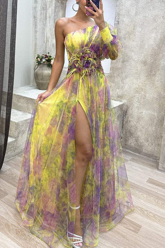 Mesh tie-dye printed off-shoulder slit dress with floral design and long sleeve for summer party women’s fashion