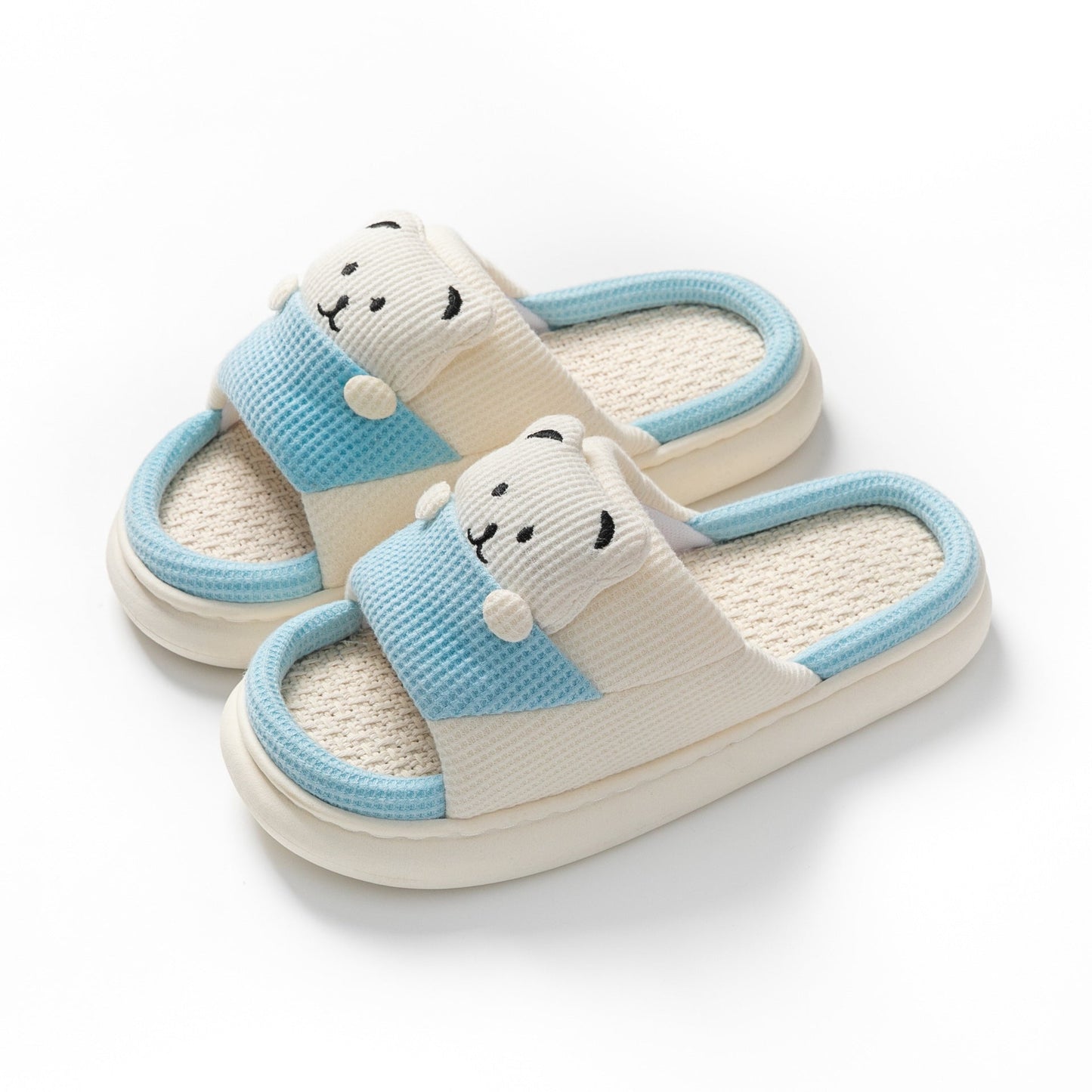 Cute cartoon bear slippers with thick sole, open-toe, blue and beige linen design for women’s spring and autumn house shoes