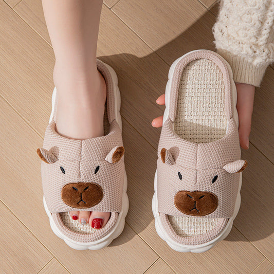 Open toe couple indoor non-slip linen slippers with bear design and cushioned sole