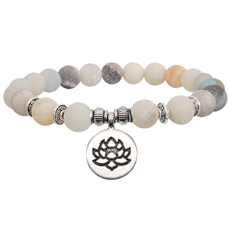 Handmade beaded frosted stone bracelet with lotus charm for women yoga accessory