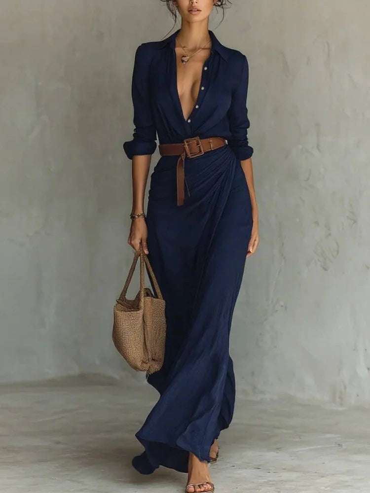 Elegant navy blue irregular long dress with belt and button lapel, perfect for office or daily wear