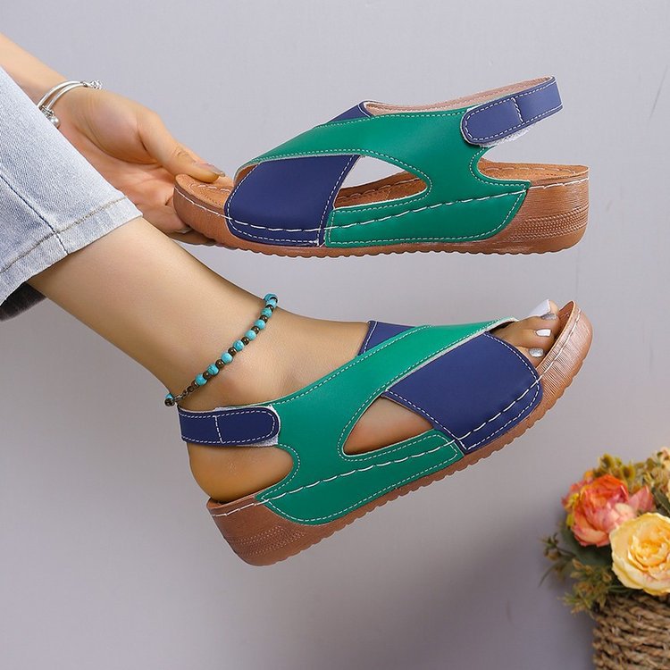 Women's summer wedges sandals with colorblock cross-strap design and thick rubber sole