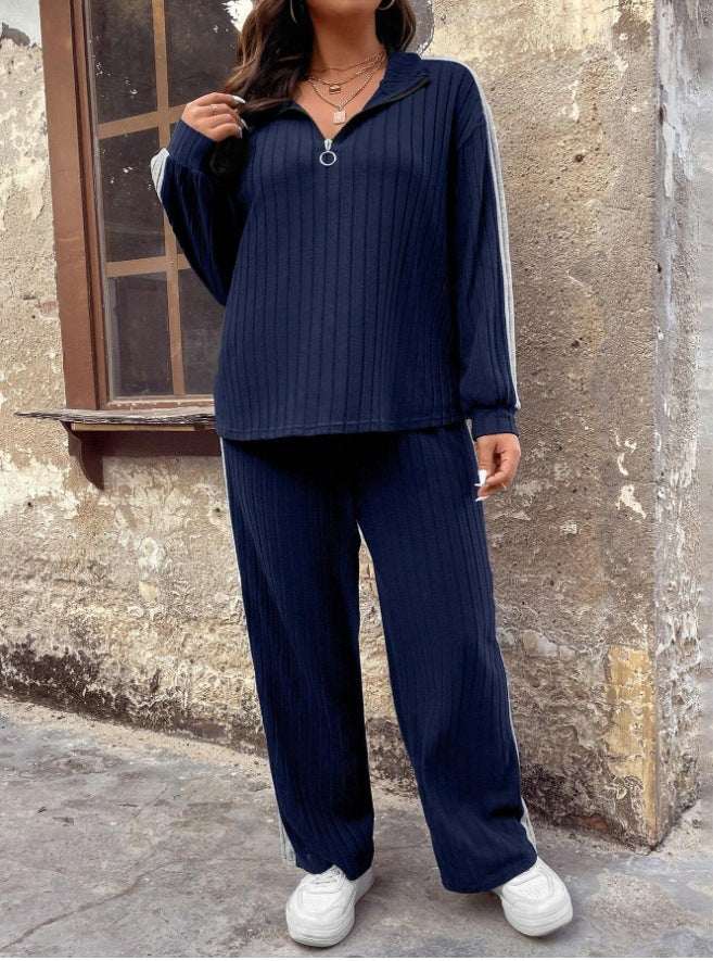 Casual Suit Women's Sweater and Wide Leg Pants Two-piece Set in navy blue with batwing sleeves and zipper collar