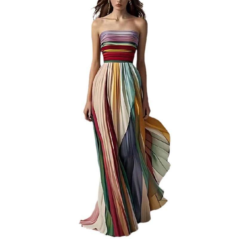 Women's sexy tube top backless striped color swing maxi dress with A-line skirt and high waist design