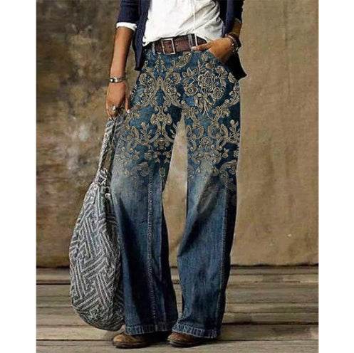 Plus size women's casual wide leg pants with floral embroidery in blue denim