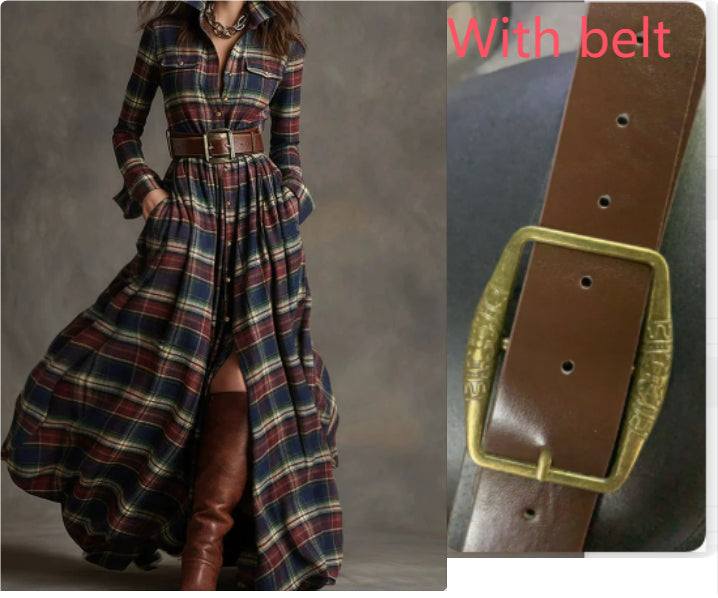 Large size women's retro French plaid slim dress with belt and mid waist design in dark plaid pattern
