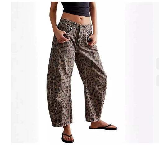 High stretch mid-rise loose wide leg women's casual baggy denim jeans with leopard print