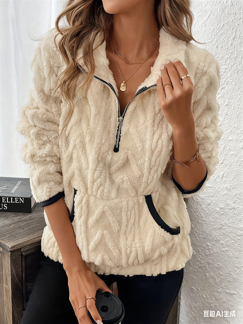 Women's plush sweater with contrast color half-open collar and long sleeves in beige