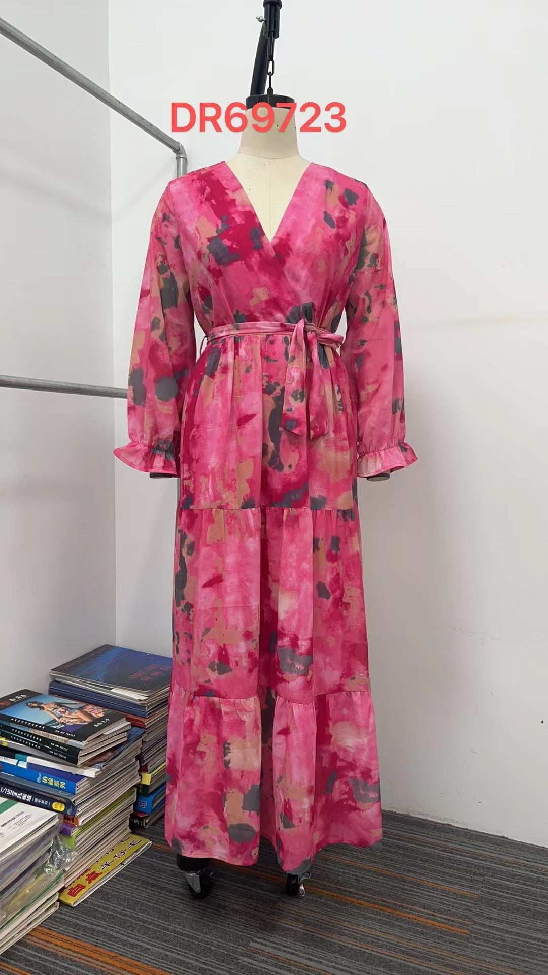 Rose red long-sleeved floral print chiffon maxi dress with V-neck and pleated high-waisted design