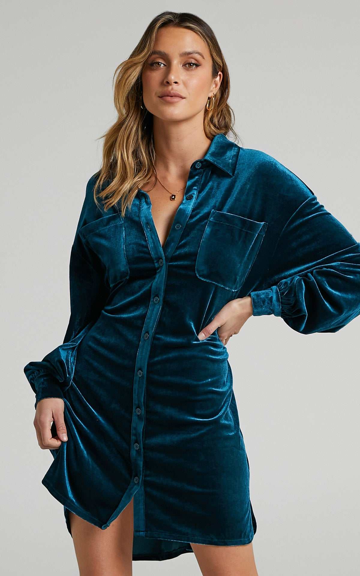 Women's gold velvet dress blue green short irregular skirt lapel collar loose waist