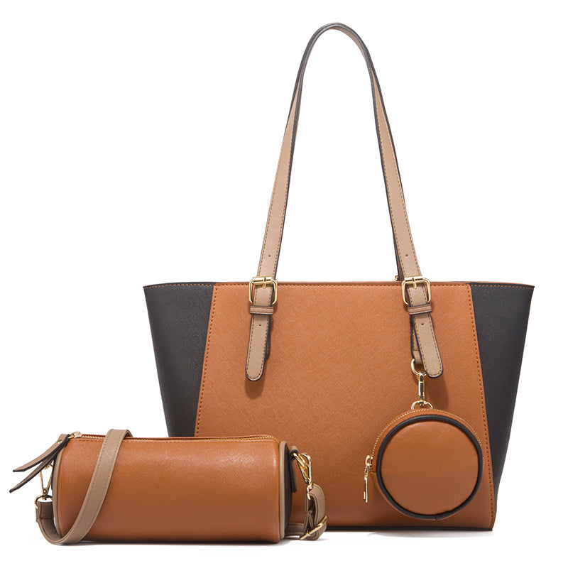 Large capacity three-in-one saffiano PU bag set in brown with shoulder and crossbody straps