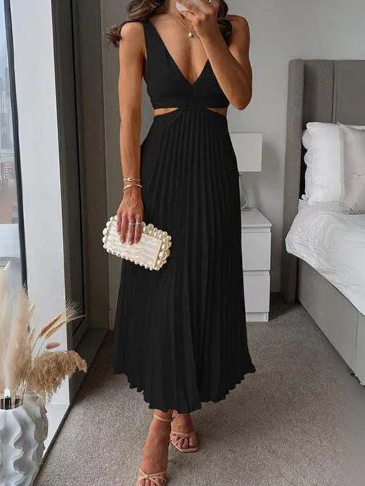 Black Ins suspender pleated long dress with hollow-waisted design and V-neck backless style for summer women