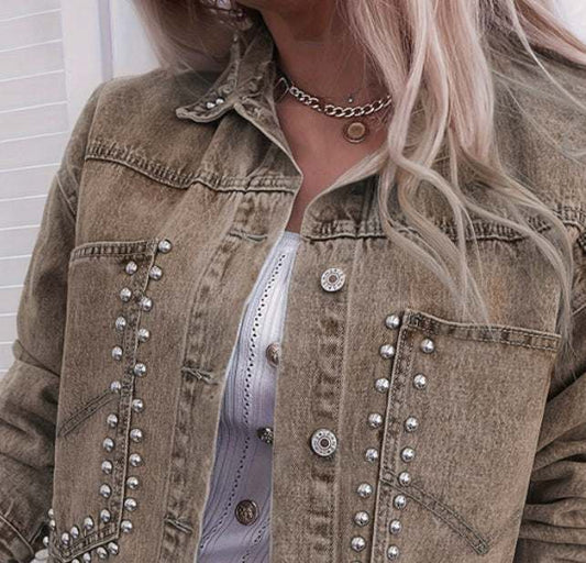 Khaki women's denim jacket with decorative rivets and regular long sleeves, polyester fabric.