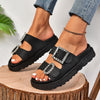 Black platform sandals with fashion rhinestone belt buckle and round toe design