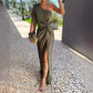 Women's diagonal shoulder knot slit slim fit army green dress with bow detail