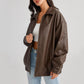 Women's brown imitation leather coat locomotive style with long sleeves and polyester fabric