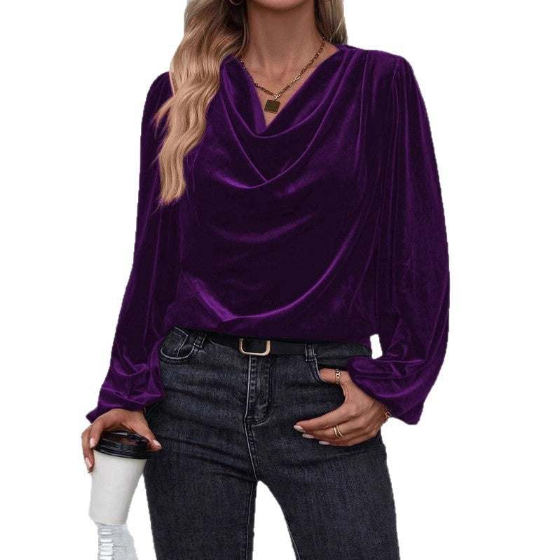 Women's pile collar long sleeve pullover top in purple velvet fabric with loose fit