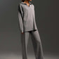 Woman wearing gray loose two-piece fall winter sweater set with collar and long sleeves