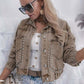 Khaki women's denim jacket with decorative rivets and regular long sleeves