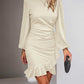 Elegant women's puff long sleeve slim fit dress with ruffle hem in light beige