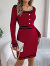 Women's long-sleeved sweater hip skirt dress in wine red with black trim and button details