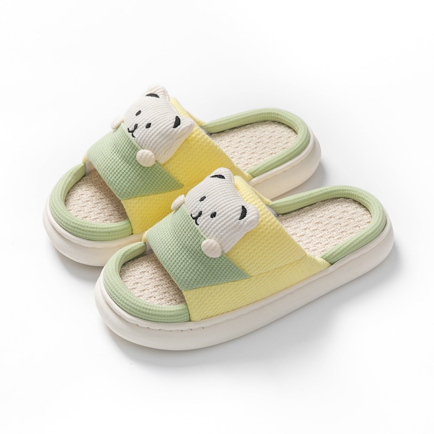 Cute cartoon bear slippers with thick sole and linen design for women, spring and autumn house shoes