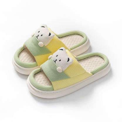 Cute cartoon bear slippers with thick sole and linen design for women, spring and autumn house shoes