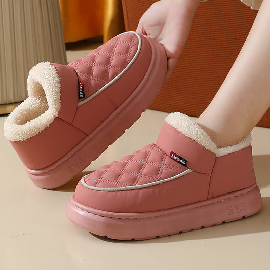 Women's pink winter plush cotton shoes with thick rubber sole and soft lining indoor outdoor slippers