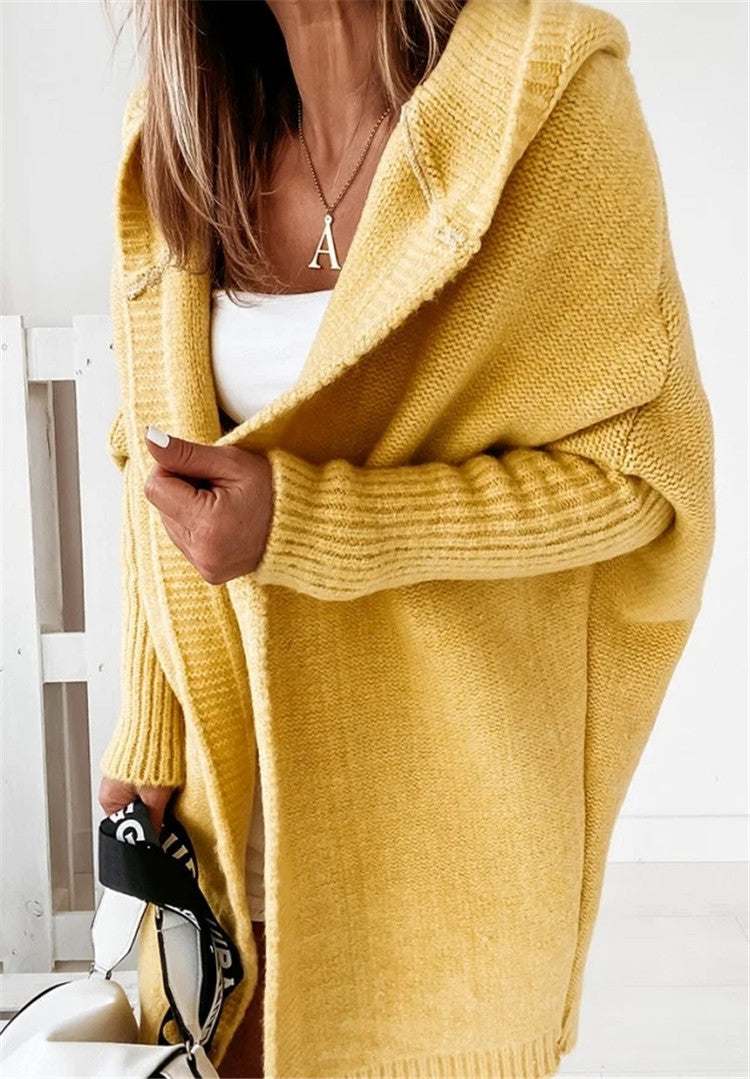 Yellow oversized bat sleeve hooded cardigan sweater for women