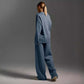 Woman wearing cloudy blue fall winter two piece set casual loose collar sweater and pants