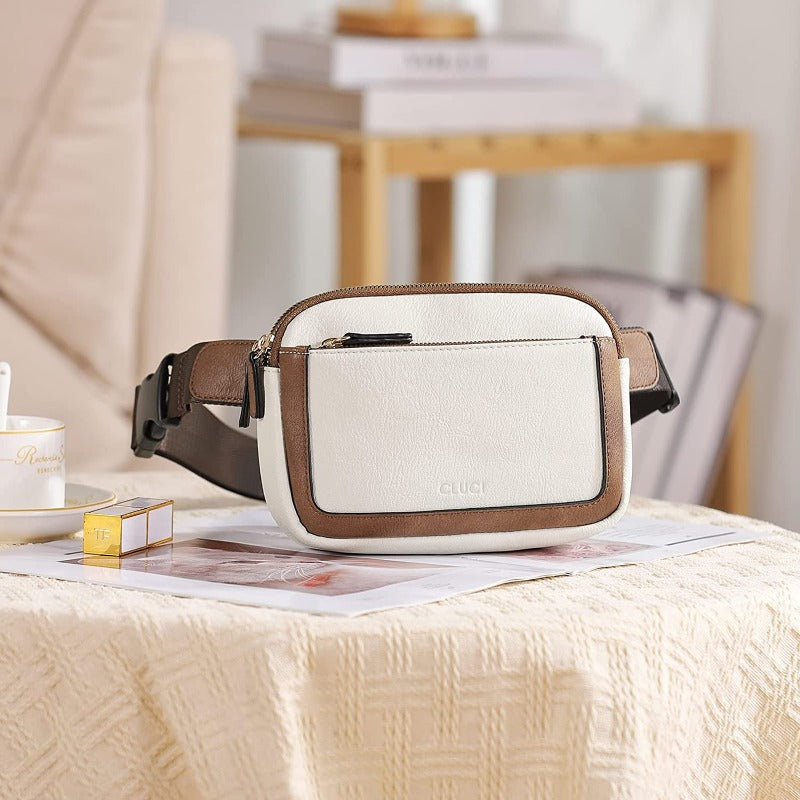 Fashion chest bag artificial leather women's pocket waist bag in white and brown color