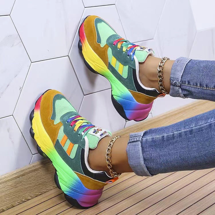 Colorful spring and autumn platform dad shoes with rainbow sole and cross straps, low top design for women