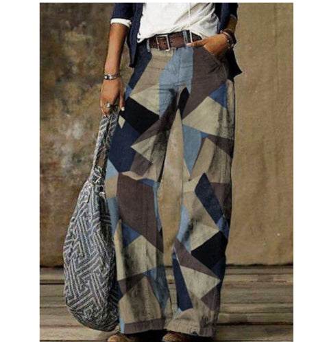 Plus size women's casual wide leg patchwork pants in earthy tones