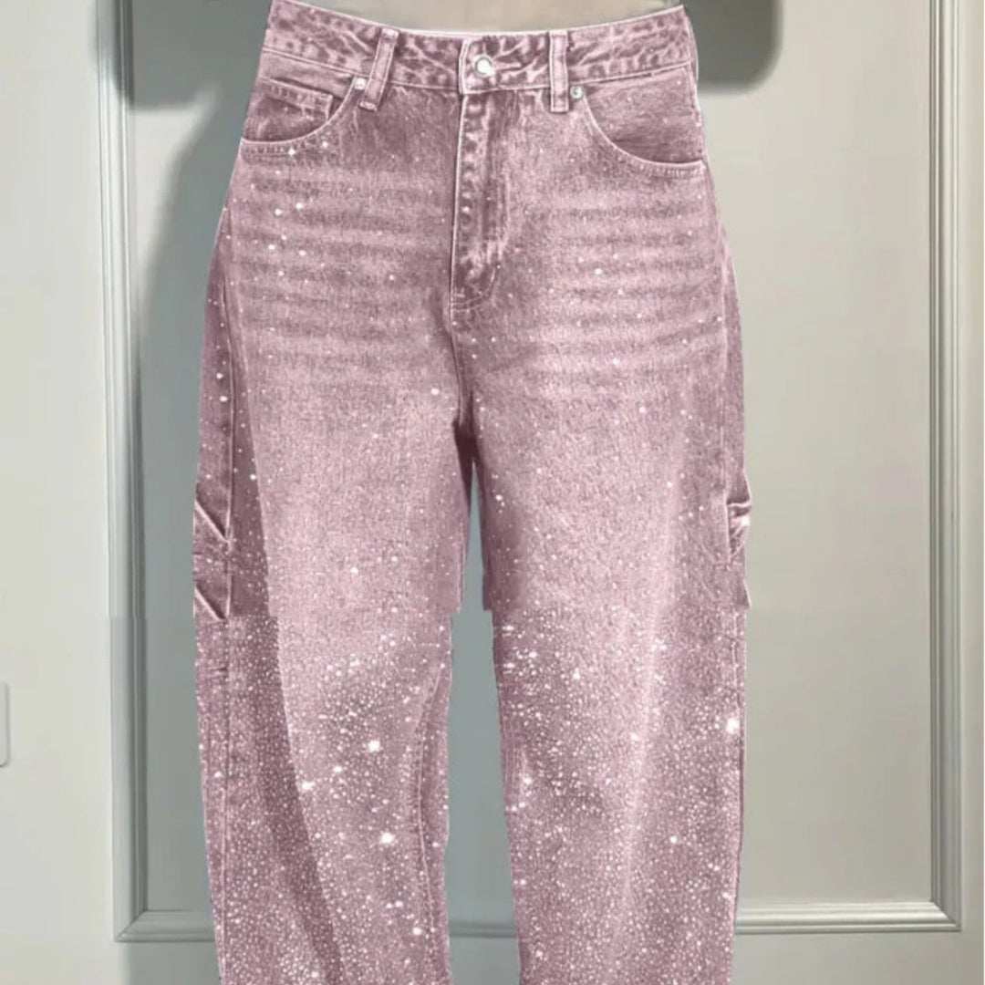 Pink Ins Shiny Straight Jeans with pockets, high waist, loose wide-leg pants for women, casual street-style trousers.