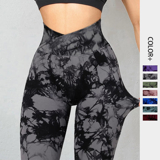 Women's seamless tie dye leggings in black and gray for yoga and fitness with a high waist and stretchy fabric