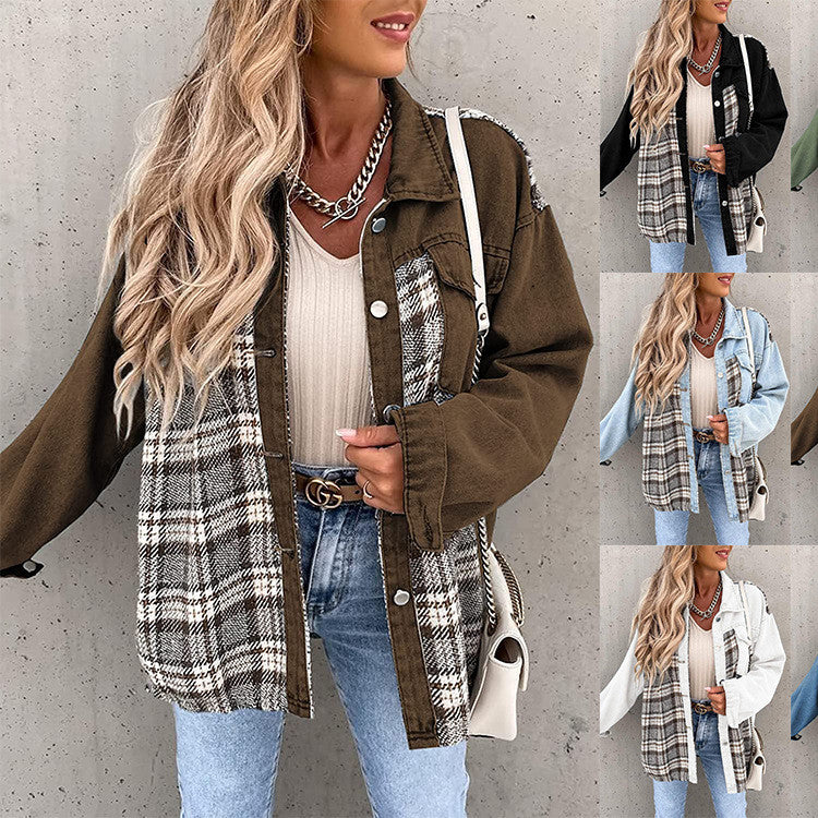 Women wearing denim jacket long sleeve plaid button down shirt in multiple colors including brown, black, blue and white with collared lapel and cotton fabric.