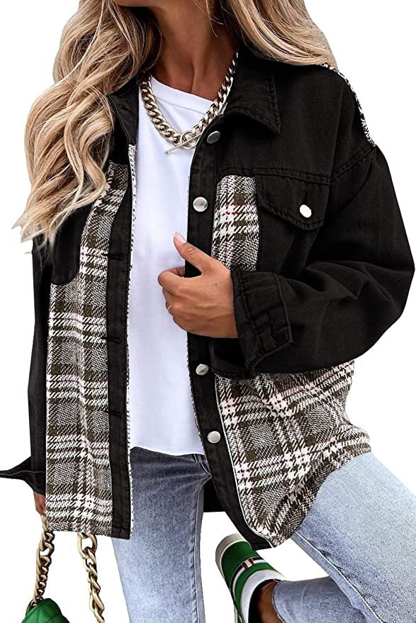 Black and plaid denim jacket long sleeve with button down front and lapel collar worn over white shirt and jeans