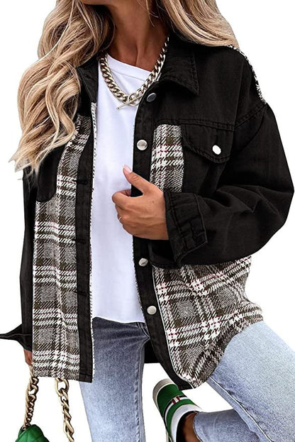 Black and plaid denim jacket long sleeve with button down front and lapel collar worn over white shirt and jeans