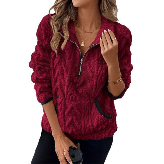Wine red plush women's sweater with contrast color half-open collar and long sleeves