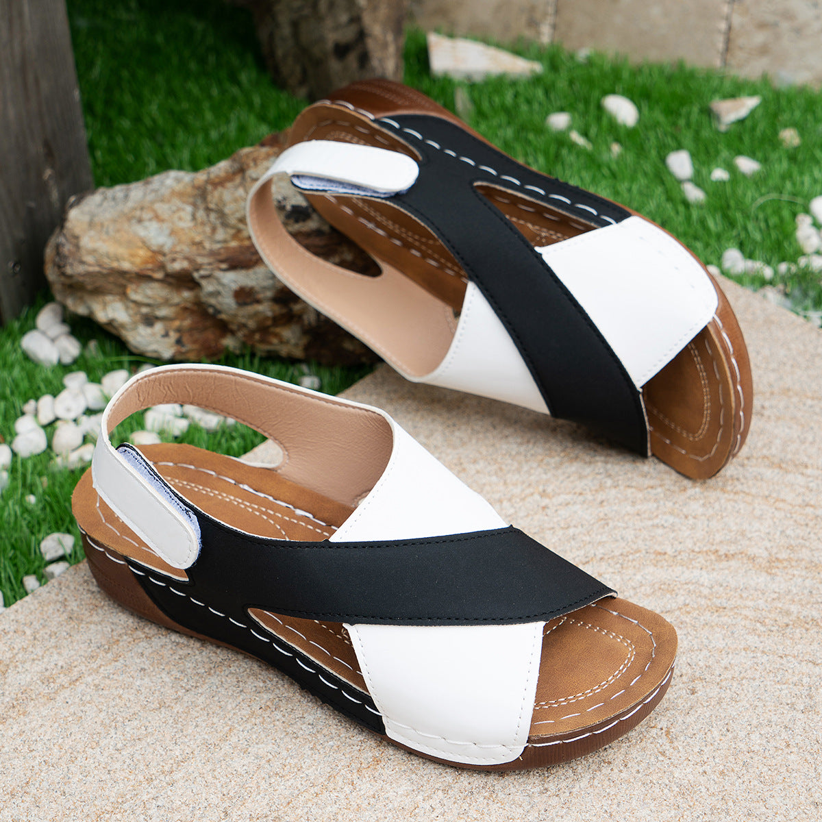 Black and white colorblock summer wedges sandals with cross-strap design and thick rubber sole for women