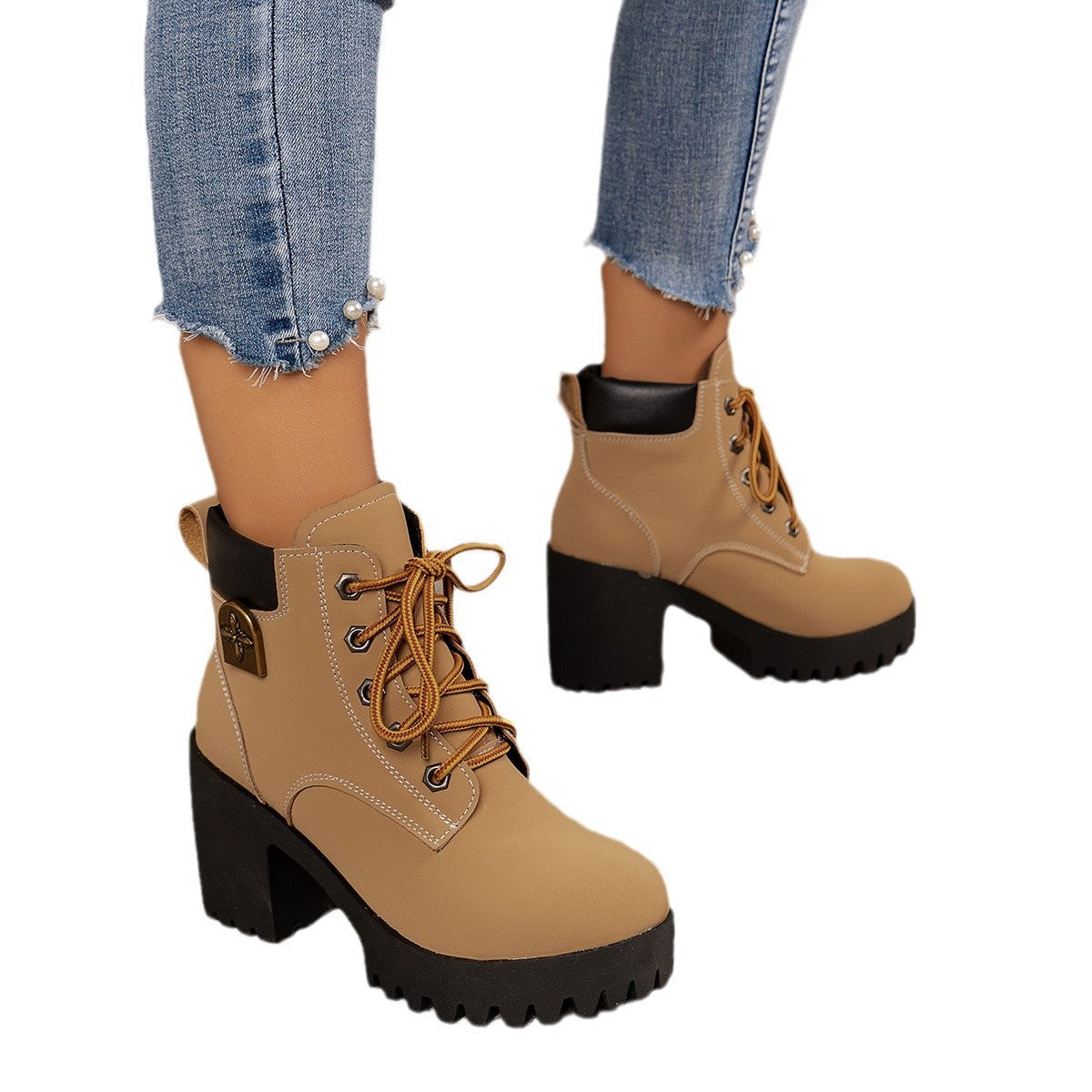 Chunky heel plus size Martin boots in beige with black thick sole and front lace-up design