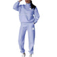 Women 2 piece lavender lounge sweatpants and pullover sweatshirt set with white stripes and letter M design