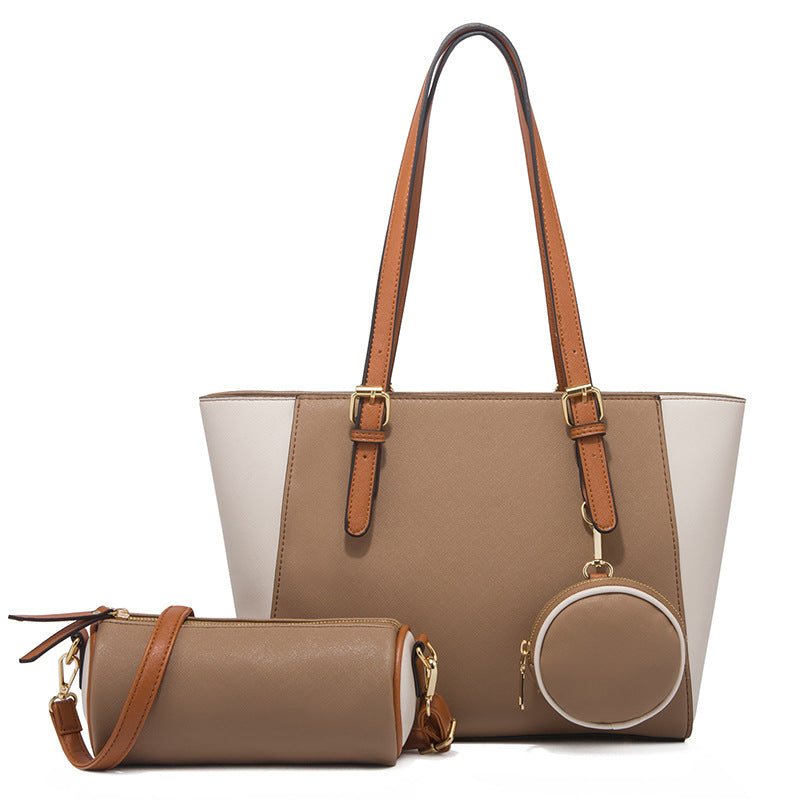 Three-piece large capacity three-in-one bucket bag set in brown and beige saffiano PU leather with double shoulder straps and contrast color design