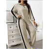 Casual suit women's sweater and wide leg pants two-piece set in khaki with black stripes, polyester fabric, batwing long sleeves.