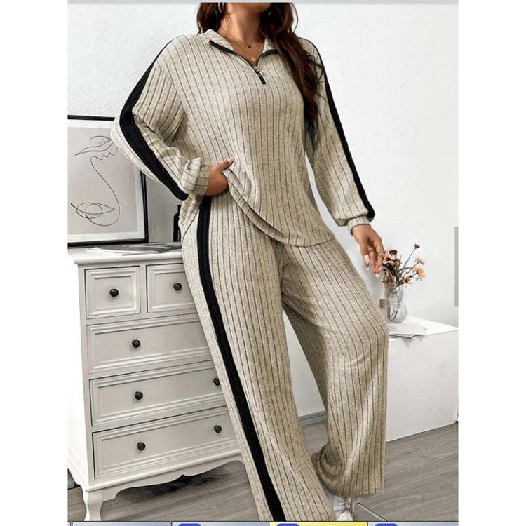 Casual suit women's sweater and wide leg pants two-piece set in khaki with black stripes, polyester fabric, batwing long sleeves.