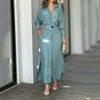Elegant long-sleeved solid color waisted shirt dress for women in muted blue with asymmetrical skirt and pockets