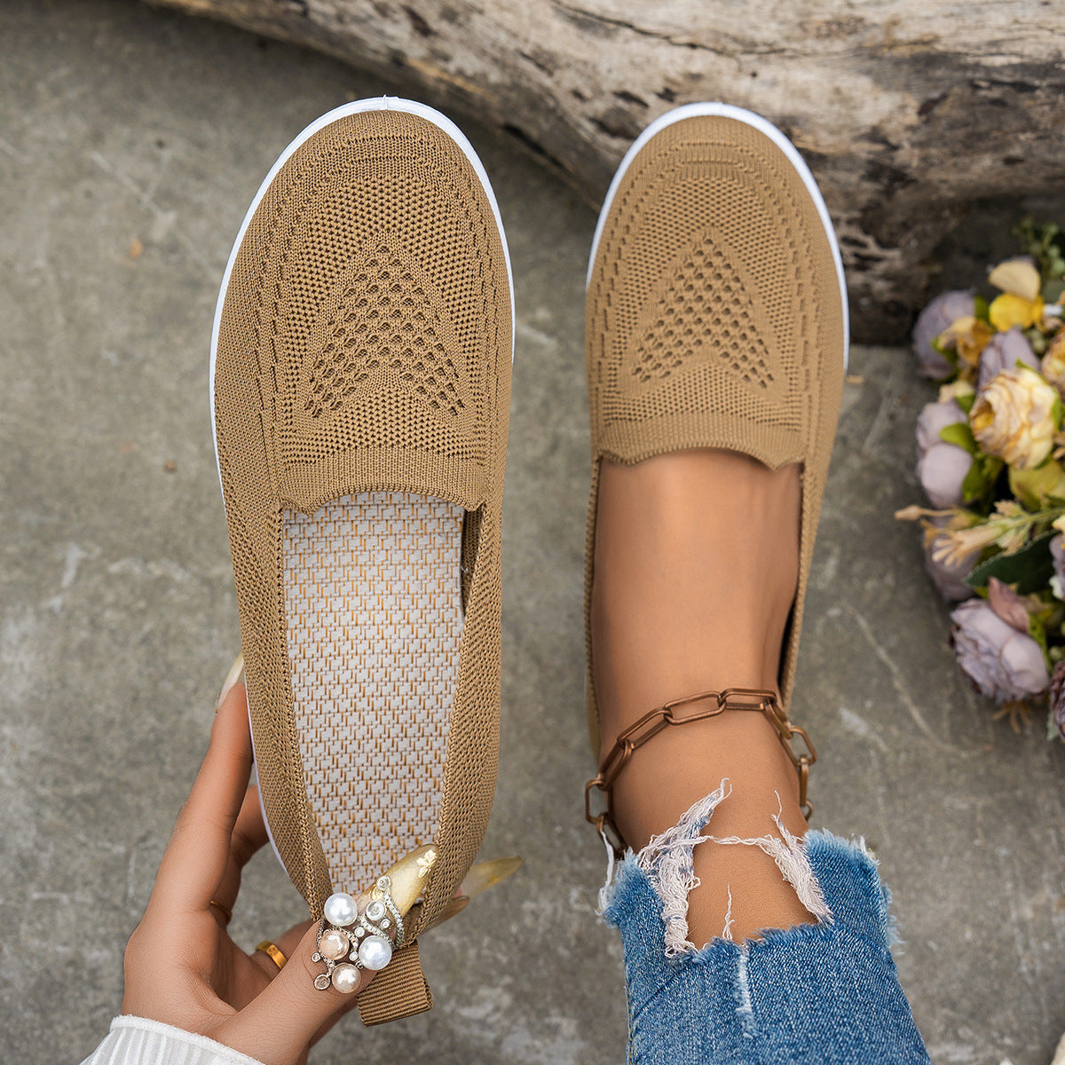 Light brown women's summer mesh casual shoes with flat low heel and round toe