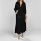 Women's elegant black solid color waist-tied long-sleeved shirt dress with pockets
